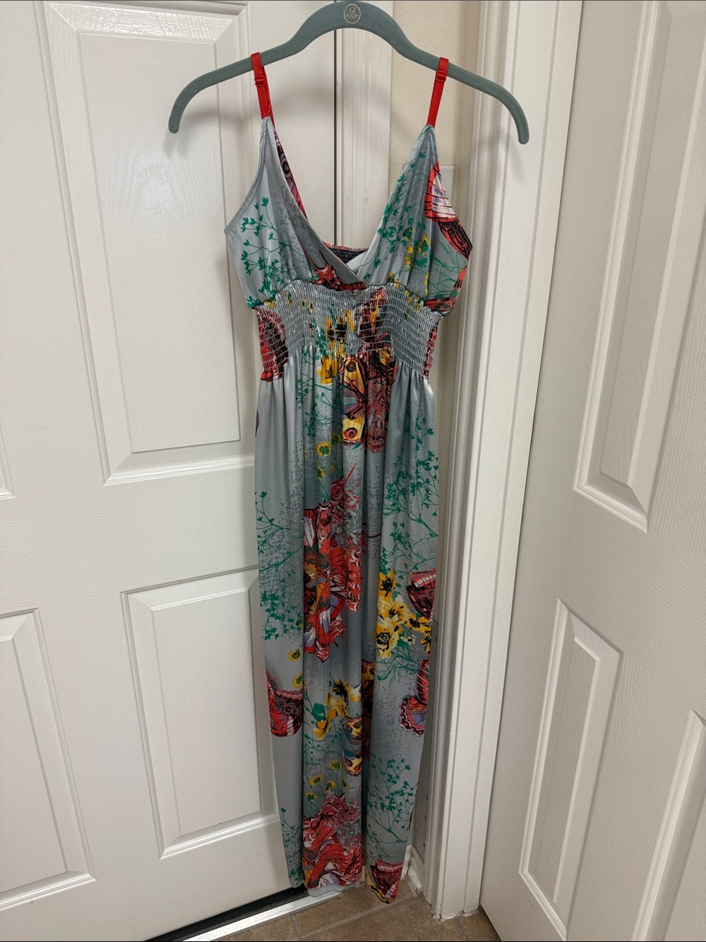 Gray Butterfly Maxi Sundress with Red Accents